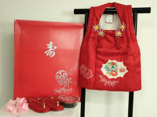 平和屋本店■極上　七五三　女の子　3歳　被布　草履　巾着　髪飾り　小物セット　花手毬　箱付き　逸品　未使用 DZAA11385kh5