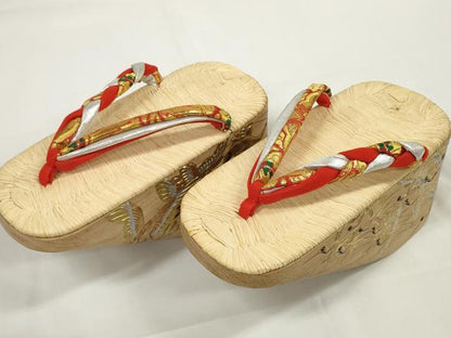 平和屋本店■和装小物　ぽっくり下駄　こっぽり・おこぼ下駄　畳表　金蒔絵　群れ鶴　逸品　未使用　DZAA11439kh5