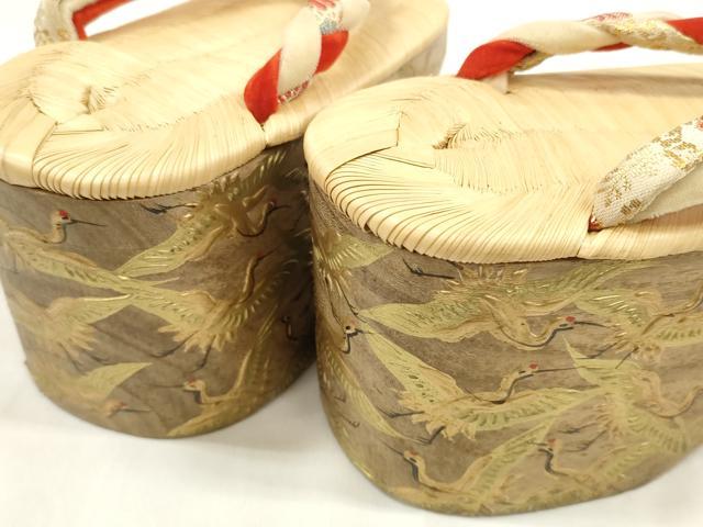 平和屋本店●和装小物 ぽっくり下駄 こっぽり・おこぼ下駄 畳表 金蒔絵 千羽鶴 白木 箱付き 逸品 DZAA11506kh5