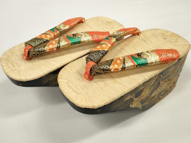 平和屋着物●極上　和装小物　ぽっくり下駄　こっぽり・おこぼ下駄　畳表　金蒔絵　群れ鶴松文　21.0cm　逸品　未使用　DZAA11711kh6