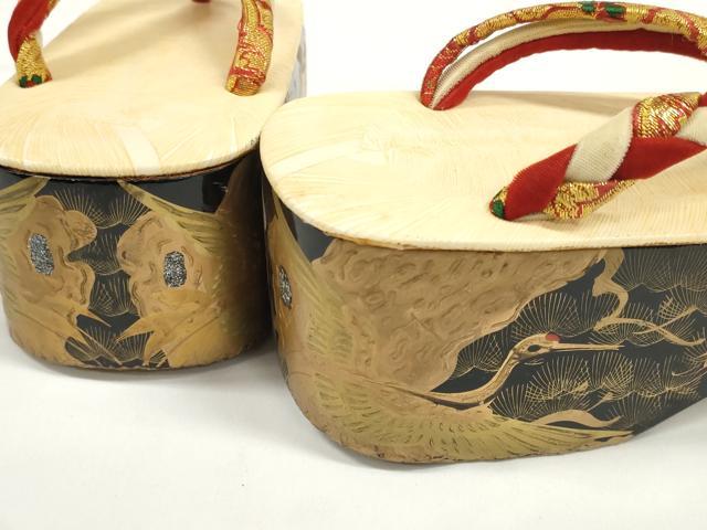 平和屋着物●極上　和装小物　ぽっくり下駄　こっぽり・おこぼ下駄　畳風　金蒔絵　群れ鶴松文　箱付き　19.5cm　逸品　DZAA11740kh6