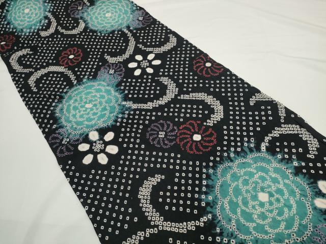 平和屋着物∴極上 夏物 浴衣 有松鳴海絞り 反物 着尺 菊唐草 黒地 綿 逸品 未使用 DZAA11756kh6
