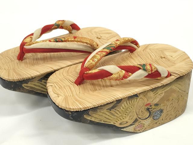 平和屋着物●極上　和装小物　ぽっくり下駄　こっぽり・おこぼ下駄　畳表　金蒔絵　鶴　16.5cm　逸品　DZAA11771kh6