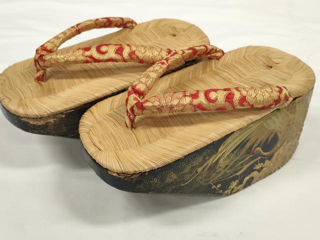 平和屋着物●極上　和装小物　ぽっくり下駄　こっぽり・おこぼ下駄　畳表　金蒔絵　鶴梅松文　20cm　逸品　DZAA11772kh6