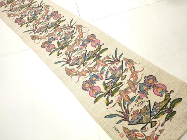平和屋本店●極上　本場琉球紅型　琉球びんがた　知念積元　沖縄サミット日本政府特別依頼品　壁飾　壁掛　共箱付　麻　逸品　DZAA11775kh6