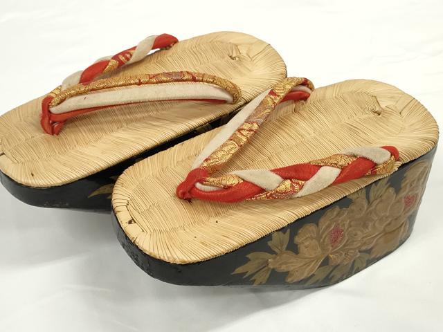 平和屋着物●極上　和装小物　ぽっくり下駄　おこぼ・こっぽり下駄　畳表　蒔絵　牡丹　20cm　逸品　DZAA12032kh6