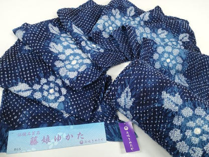 平和屋着物●極上 夏物 名門 藤娘きぬたや・総絞り 浴衣 反物 着尺 湯のし前 花散らし 証紙付き 綿 逸品 未使用 DZAA12038kh6