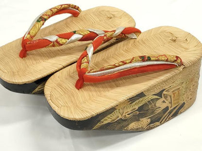 平和屋着物●極上　和装小物　ぽっくり下駄　こっぽり・おこぼ下駄　畳表　金蒔絵　御所車飛鶴松文　箱付き　20cm　逸品　DZAA12047kh6