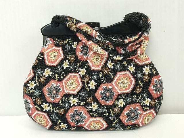 平和屋着物●極上　和装小物　和装バッグ　ビーズバッグ　亀甲花文　持ち手付き　がま口　レトロ　逸品　DZAA12257kh6