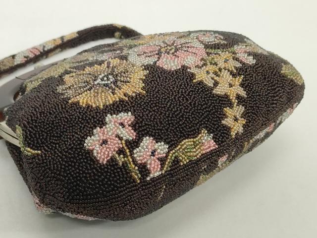 平和屋着物●極上　和装小物　和装バッグ　ビーズバッグ　草花文　がま口　レトロ　逸品　DZAA12258kh6