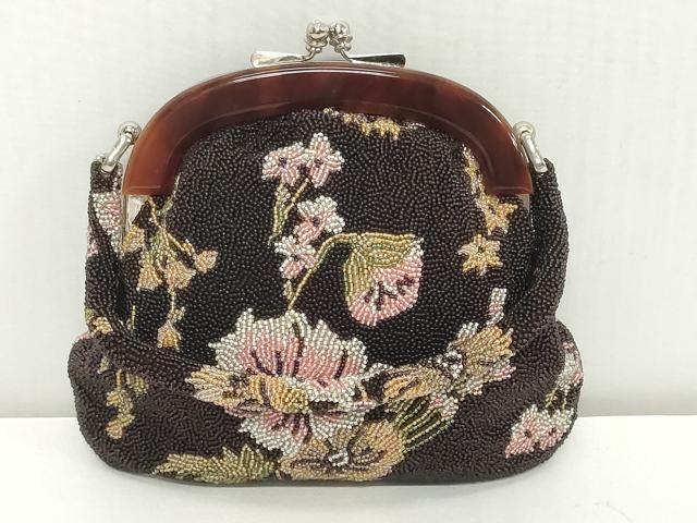 平和屋着物●極上　和装小物　和装バッグ　ビーズバッグ　草花文　がま口　レトロ　逸品　DZAA12258kh6