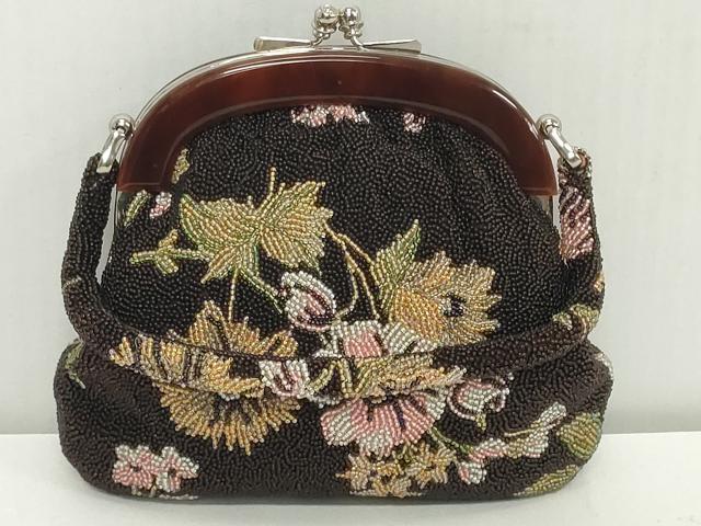 平和屋着物●極上　和装小物　和装バッグ　ビーズバッグ　草花文　がま口　レトロ　逸品　DZAA12258kh6