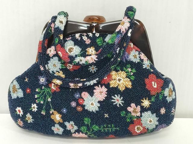 平和屋着物●極上　和装小物　和装バッグ　ビーズバッグ　草花文　がま口　レトロ　逸品　DZAA12259kh6