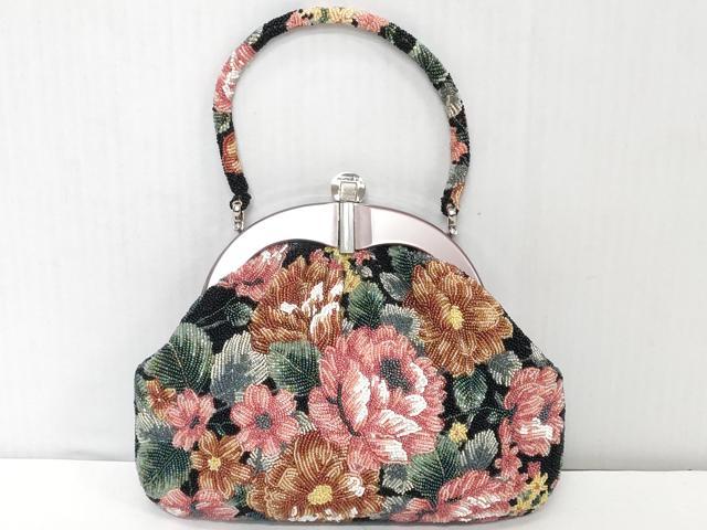 平和屋着物●極上　和装小物　和装バッグ　ビーズバッグ　手刺繍　草花文　レトロ　逸品　DZAA12260kh6