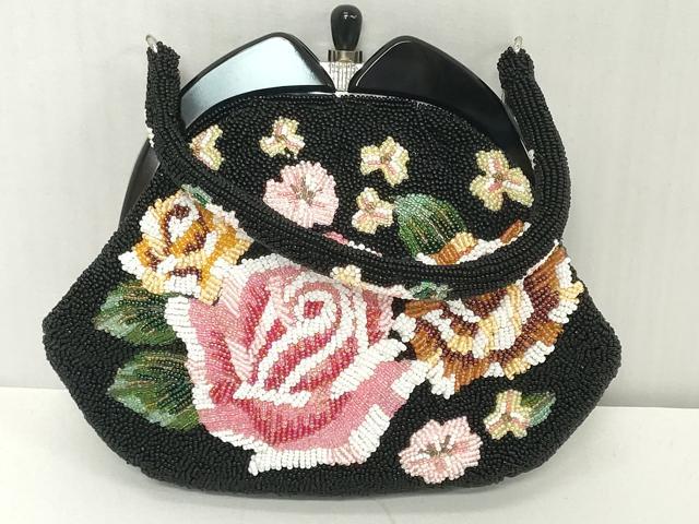 平和屋着物●極上　和装小物　和装バッグ　ビーズバッグ　黒ビーズ　薔薇　持ち手付き　がま口　レトロ　逸品　DZAA12266kh6
