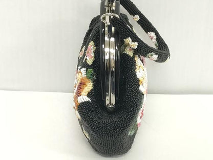 平和屋着物●極上　和装小物　和装バッグ　ビーズバッグ　黒ビーズ　薔薇　持ち手付き　がま口　レトロ　逸品　DZAA12266kh6