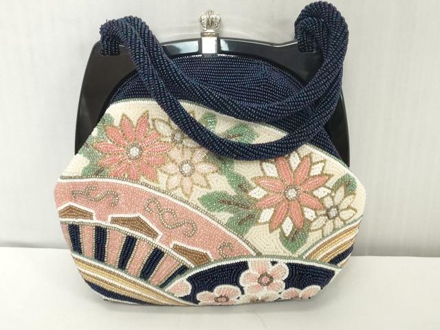 平和屋着物●極上　和装小物　和装バッグ　ビーズバッグ　草花　持ち手付き　がま口　レトロ　逸品　DZAA12273kh6