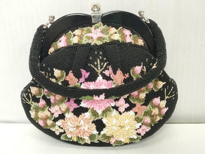 平和屋着物●極上　和装小物　和装バッグ　ビーズバッグ　黒ビーズ　草花　持ち手付き　がま口　レトロ　逸品　DZAA12274kh6