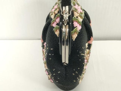 平和屋着物●極上　和装小物　和装バッグ　ビーズバッグ　黒ビーズ　草花　持ち手付き　がま口　レトロ　逸品　DZAA12274kh6