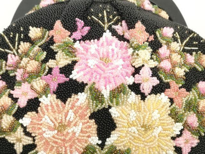 平和屋着物●極上　和装小物　和装バッグ　ビーズバッグ　黒ビーズ　草花　持ち手付き　がま口　レトロ　逸品　DZAA12274kh6