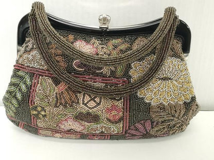 平和屋着物●極上　和装小物　和装バッグ　ビーズバッグ　草花　持ち手付き　がま口　レトロ　逸品　DZAA12275kh6