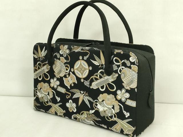 平和屋着物●極上　和装小物　バッグ　利休バッグ　宝尽くし　黒地　逸品　未使用　DZAA12286kh6