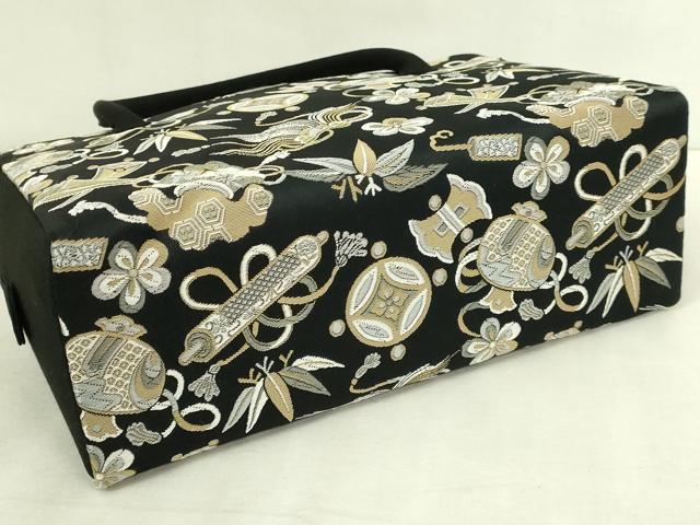 平和屋着物●極上　和装小物　バッグ　利休バッグ　宝尽くし　黒地　逸品　未使用　DZAA12286kh6
