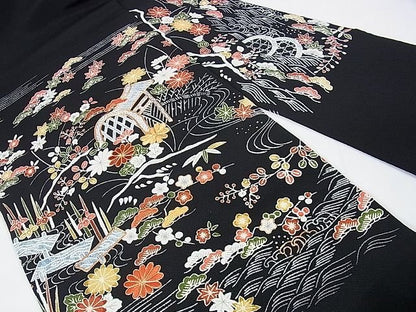 平和屋本店■極上　九寸名古屋帯　銀座越後屋　駒刺繍　型染　風景吉祥花文　鬼しぼ縮緬　黒地　逸品　未使用　DZAA1251kh4 - 平和屋
