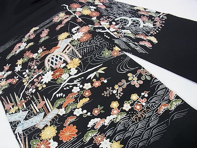 平和屋本店■極上　九寸名古屋帯　銀座越後屋　駒刺繍　型染　風景吉祥花文　鬼しぼ縮緬　黒地　逸品　未使用　DZAA1251kh4 - 平和屋