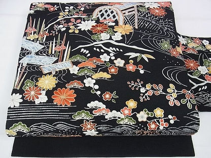 平和屋本店■極上　九寸名古屋帯　銀座越後屋　駒刺繍　型染　風景吉祥花文　鬼しぼ縮緬　黒地　逸品　未使用　DZAA1251kh4 - 平和屋