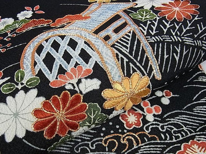 平和屋本店■極上　九寸名古屋帯　銀座越後屋　駒刺繍　型染　風景吉祥花文　鬼しぼ縮緬　黒地　逸品　未使用　DZAA1251kh4 - 平和屋
