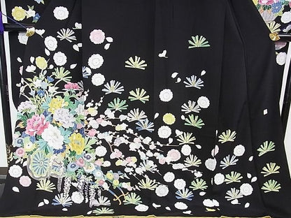 平和屋本店■極上　振袖　友禅　作家物　吉祥花車文　黒地　逸品　DZAA1325kh4 - 平和屋