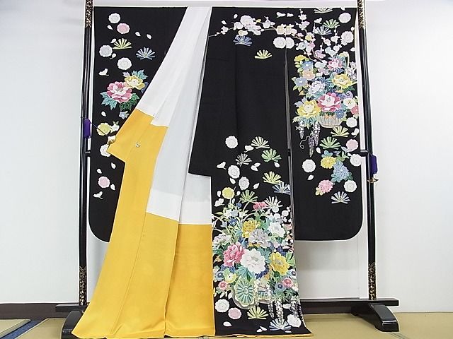 平和屋本店■極上　振袖　友禅　作家物　吉祥花車文　黒地　逸品　DZAA1325kh4 - 平和屋