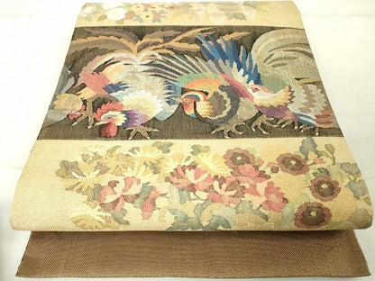 平和屋本店■極上　手織綴れ　山鹿清華　太鼓柄袋帯　草花百鶏図　金糸　逸品　DZAA1798kh4 - 平和屋