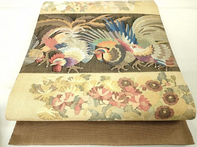 平和屋本店■極上　手織綴れ　山鹿清華　太鼓柄袋帯　草花百鶏図　金糸　逸品　DZAA1798kh4 - 平和屋