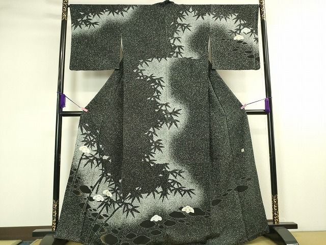 平和屋本店■極上　訪問着　作家物　ふくら雀　笹竹　たたき染め　黒地　逸品　DZAA1833kh4 - 平和屋