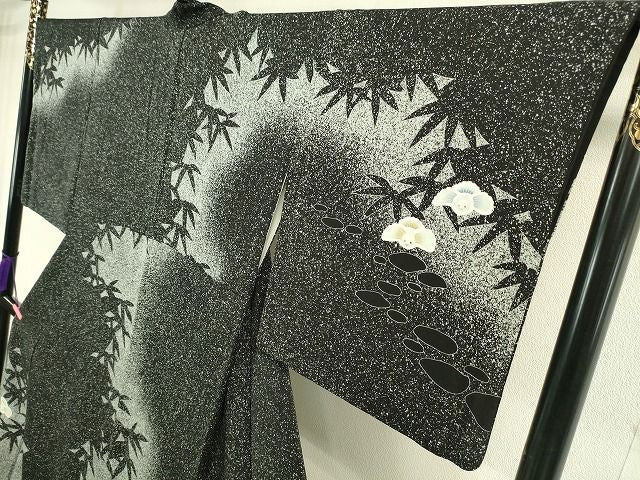 平和屋本店■極上　訪問着　作家物　ふくら雀　笹竹　たたき染め　黒地　逸品　DZAA1833kh4 - 平和屋