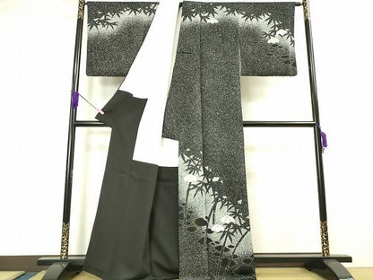 平和屋本店■極上　訪問着　作家物　ふくら雀　笹竹　たたき染め　黒地　逸品　DZAA1833kh4 - 平和屋