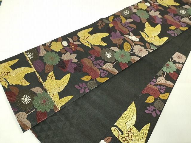 平和屋本店■極上　六通柄袋帯　スリーシーズン帯　雅趣　花鳥文　黒地　金糸　逸品　DZAA1872kh4 - 平和屋