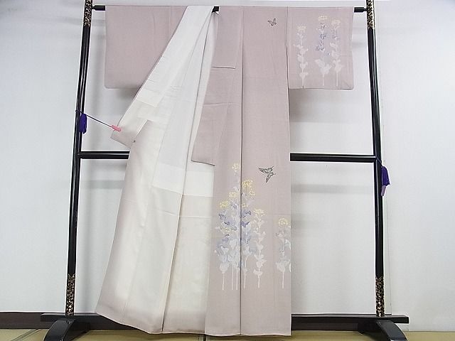 平和屋本店■極上 加賀友禅の巨匠 初代 由水十久 訪問着 菜の花 舞蝶 梅鼠色地 逸品 DZAA1935kh4 - 平和屋
