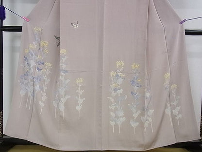 平和屋本店■極上 加賀友禅の巨匠 初代 由水十久 訪問着 菜の花 舞蝶 梅鼠色地 逸品 DZAA1935kh4 - 平和屋
