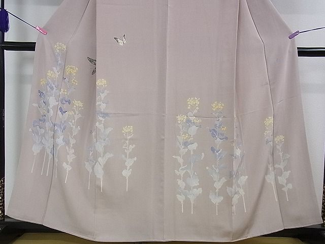 平和屋本店■極上 加賀友禅の巨匠 初代 由水十久 訪問着 菜の花 舞蝶 梅鼠色地 逸品 DZAA1935kh4 - 平和屋