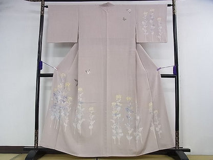 平和屋本店■極上 加賀友禅の巨匠 初代 由水十久 訪問着 菜の花 舞蝶 梅鼠色地 逸品 DZAA1935kh4 - 平和屋