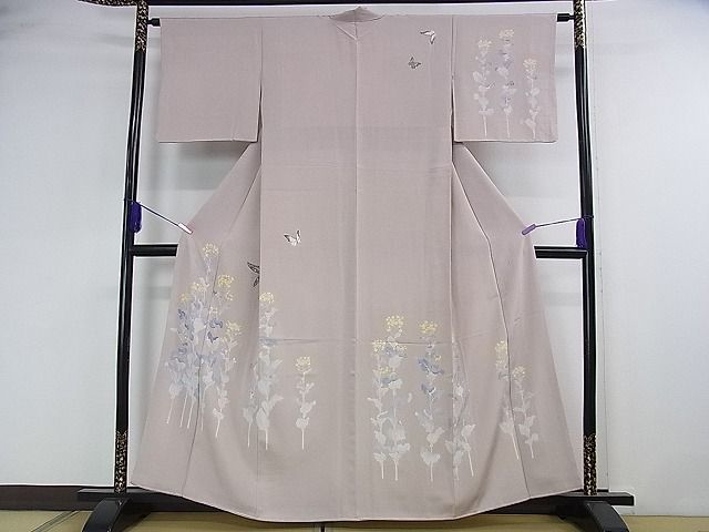 平和屋本店■極上 加賀友禅の巨匠 初代 由水十久 訪問着 菜の花 舞蝶 梅鼠色地 逸品 DZAA1935kh4 - 平和屋