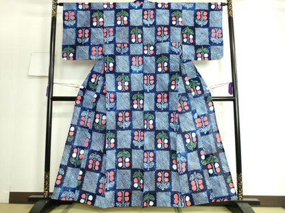 平和屋着物∴極上　夏物　浴衣　有松鳴海絞り　市松草花文　綿　逸品　DZAA20135kh5