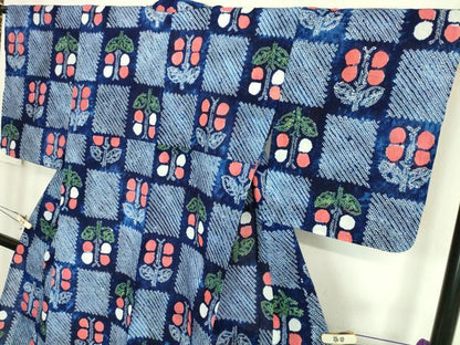 平和屋着物∴極上　夏物　浴衣　有松鳴海絞り　市松草花文　綿　逸品　DZAA20135kh5