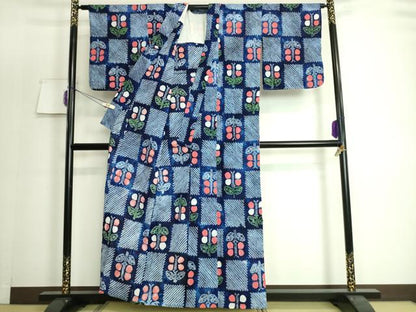 平和屋着物∴極上　夏物　浴衣　有松鳴海絞り　市松草花文　綿　逸品　DZAA20135kh5