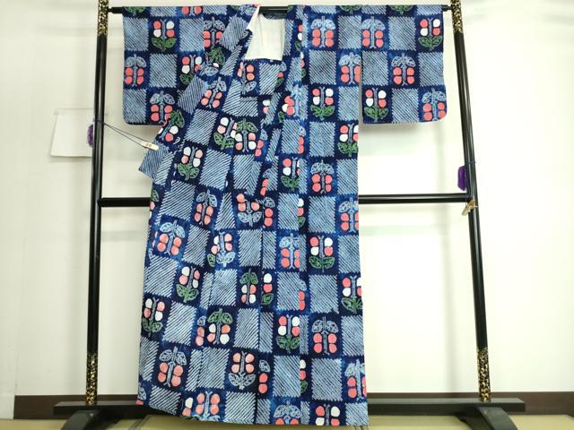 平和屋着物∴極上　夏物　浴衣　有松鳴海絞り　市松草花文　綿　逸品　DZAA20135kh5