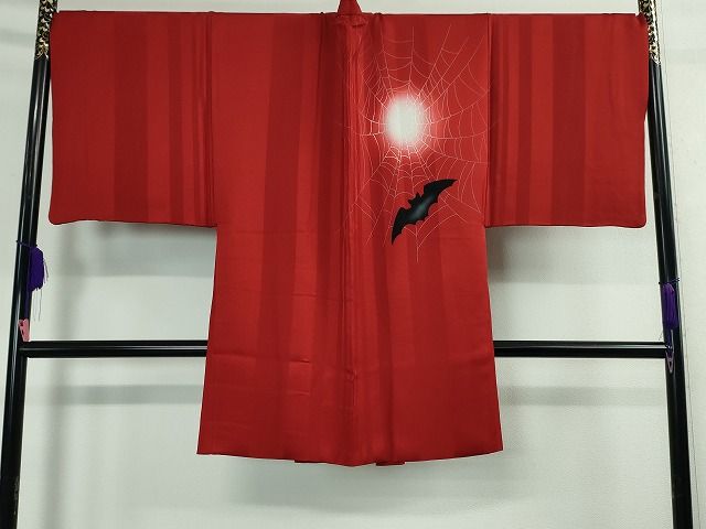 平和屋本店■希少　男性　長羽織　蝙蝠　コウモリ　蜘蛛の巣　羽裏・ガイコツ　銀彩　逸品　DZAA2014kh4 - 平和屋