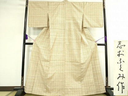 平和屋本店▽希少　人間国宝　志村ふくみ　紬　単衣　格子　たとう紙付き　逸品　DZAA2053kh4
